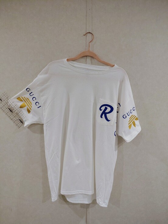 Gucci Other - Gucci White Short-Sleeve Tee with Blue Logo and Gold Sleeve Motifs